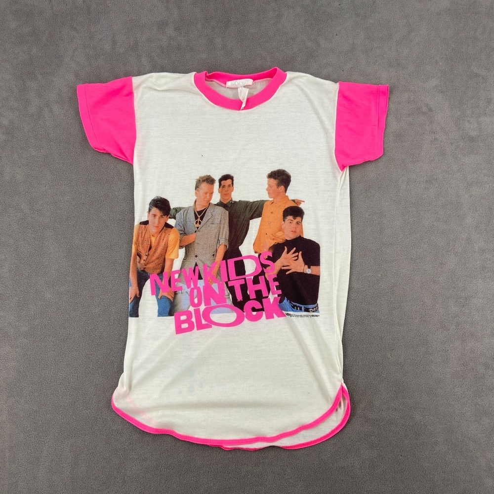 Vintage Rock Nites Sleep Shirt Girls 10/12 White Neon Pink New Kids On The Block